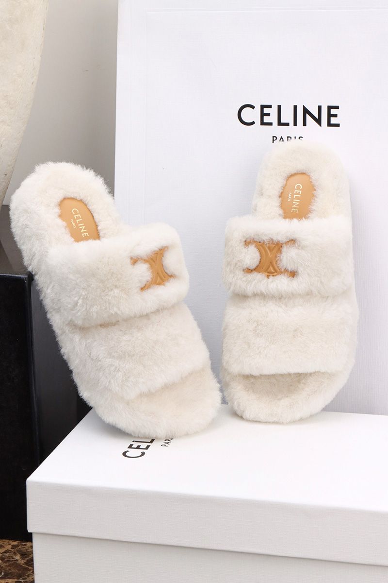 Celine Fur Slides Triomphe 013
